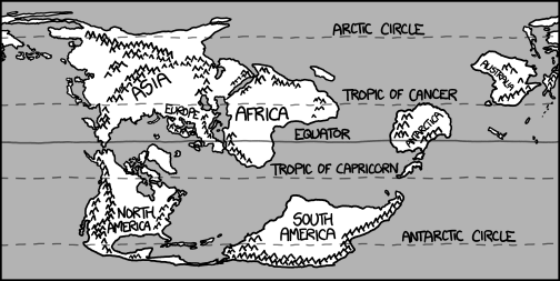a map of the reshuffled earth, with asia, africa, and most of antarctica north of the equator and north and south america south of it.