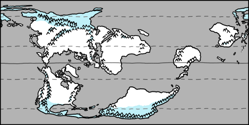 a map showing ice near the poles and mountainouse areas, shown with a light blue color