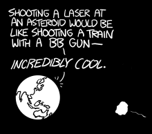 an asteroid approaches a planet which is excited about shooting lasers at it
bb_more.png: a man in a hat suggests trying more