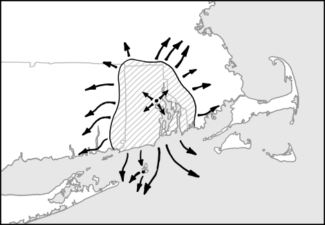 the map of Rhode Island where the crowd was outlined with arrows signifying everyone trying to leave